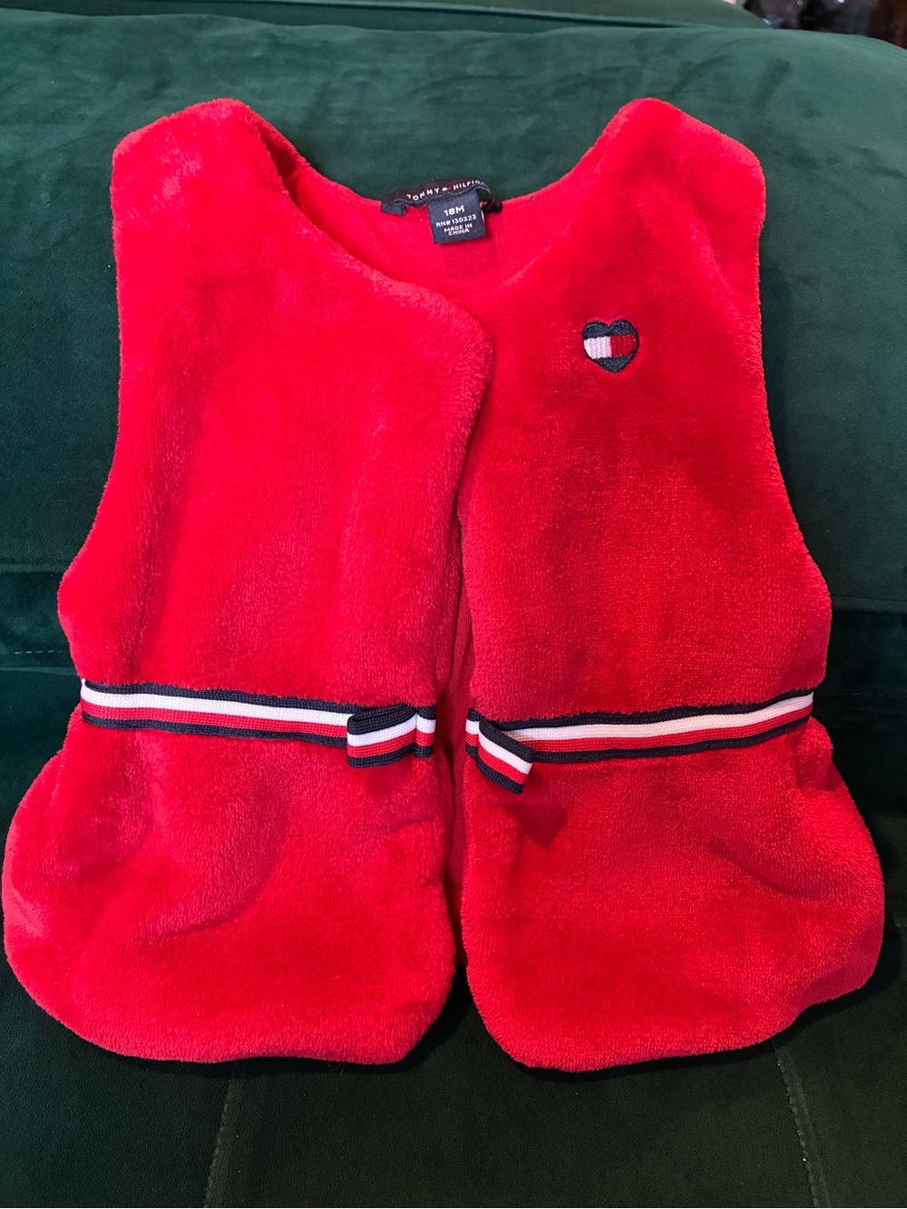 Tommy Hilfiger Kids Bright Red Plush Vest with Signature Stripe Detail